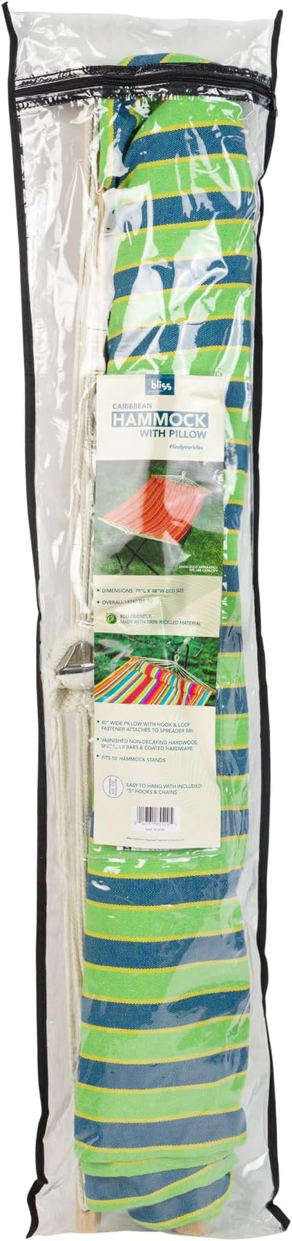 Bliss Hammocks Caribbean Hammock, 48 Inch Wide Bed with Detachable Pillow & Zinc-Coated Hardware - 265 Pound Capacity, Mediterranean Stripe