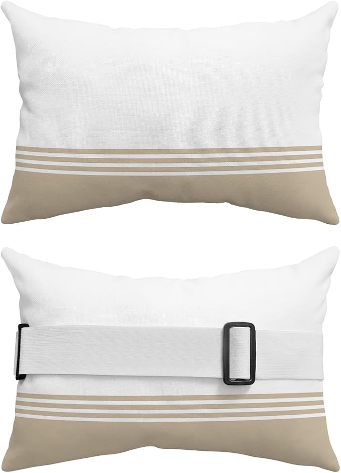 Outdoor Pillows Covers with Inserts Modern Art Brown White Simple Striped Farmhouse Waterproof Pillow with Adjustable Strap Throw Pillows for Patio Furniture Recliner Lounge Chair, 11x16 inch, 1PCS