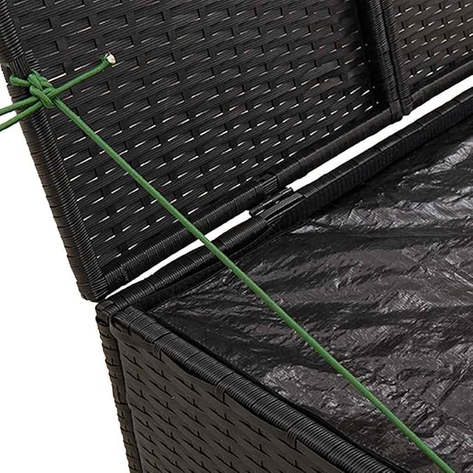 Modern Outdoor Garden Storage Box, 291 Liter Black Poly Rattan Medium Storage with Powder-Coated Steel Frame for Cushions and Tools