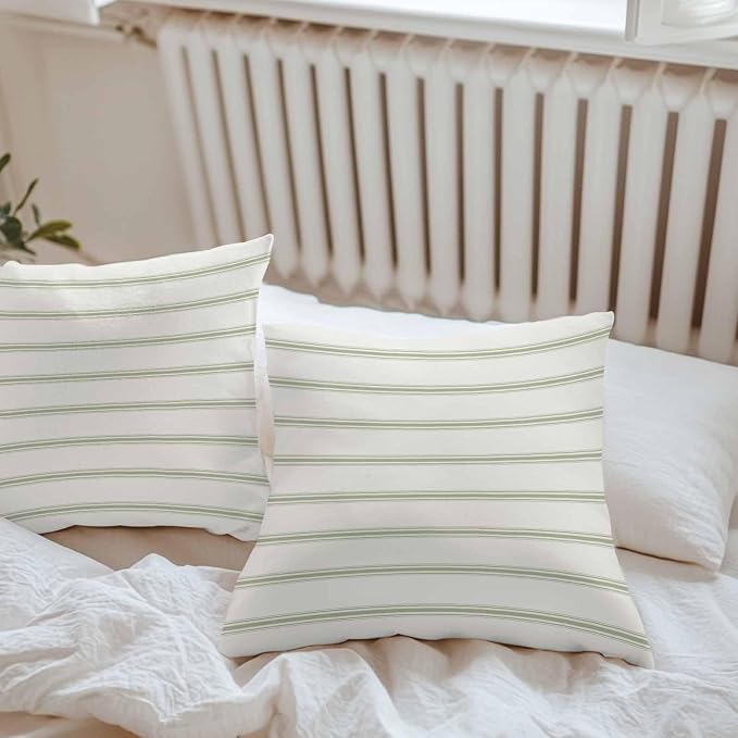Vandarllin Outdoor Throw Pillows Covers 16x16 inch Set of 2 Waterproof Sage Green Stripes Decorative Zippered Cushion Covers for Patio Furniture, Abstract Lines Striped Lumbar Pillowcases
