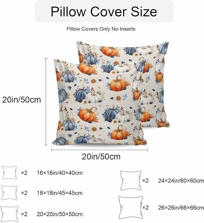 Fall Outdoor Throw Pillows Covers 20x20 inch Set of 2 Waterproof Orange Blue White Pumpkin Zippered Cushion Covers for Patio Furniture, Autumn Maple Leaf Flowers Linen Thanksgiving Lumbar Pillowcases