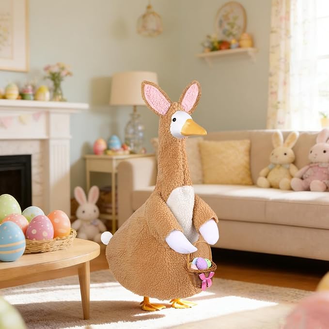 Easter Bunny Goose Outfit for 23" Porch Goose Holiday Brown Bunny Costume with Brown Basket Easter Party Outdoor Garden Patio Yard Lawn Art Decoration