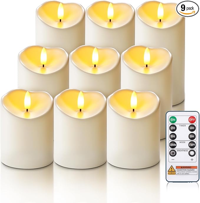 Homemory 9Pack Outdoor Waterproof Flameless Candles, LED Candles, Battery Operated Candles with Remote and Timers, Electric Fake Plastic Pillar Candles, Ivory White, 3"x4"4" 4" 5" 5" 5" 6" 6" 6"