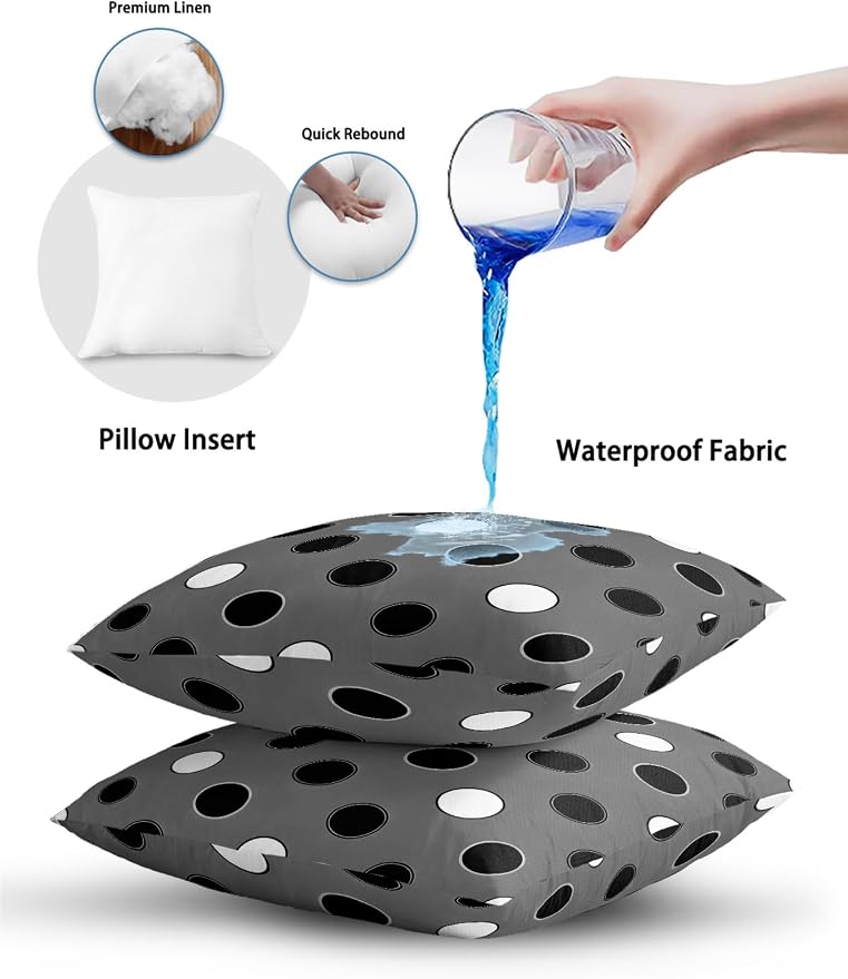 Waterproof Outdoor Pillow Set of 2 Black Polka Dots Decorative Throw Pillows Cover & Insert 18x18 Inch Pillowcase Funny Circles Spots Square Pillows for Couch Sofa Bed Patio Furniture Indoor Outdoor