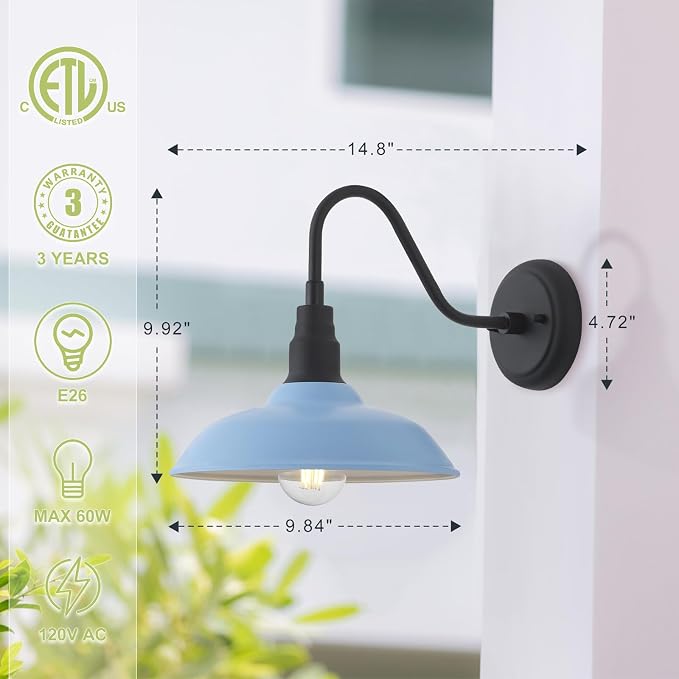 10 Inch Dome Gooseneck Barrn Light Outdoor, Baby Blue Goose Neck Farmhouse Outdoor Lights Fixture, Barn Style Exterior Wall Lighting Fixtures for Garage, Porch, Entryway