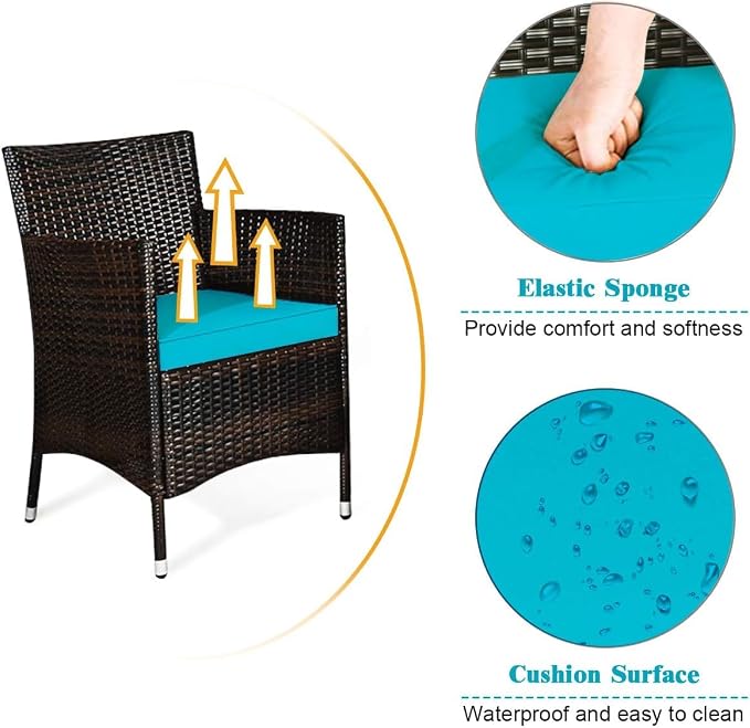 COSTWAY Outdoor Rattan Patio Furniture Set 4 Pieces | Wicker Rattan Cushioned Conversation Conversation Chairs with Coffee Table for Backyard Balcony Porch Poolside, Turquoise