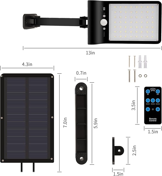 Aqonsie Solar Lights Outdoor with Remote, 56LED 180° Adjustable Angle Security Night Light Outside Motion Sensor Remote Control & 3 Lighting Modes Solar Lights for Backyard Gutter Courtyard Deck Home