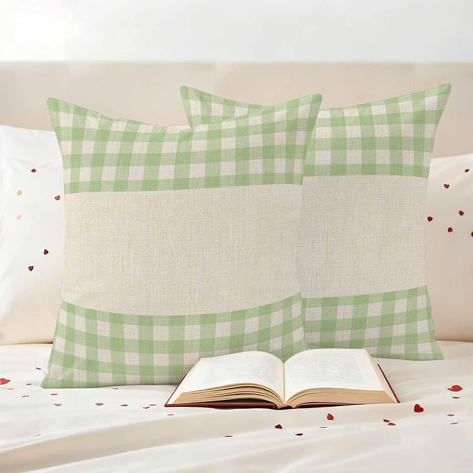 Retro Green Outdoor Waterproof Pillow Covers, Farmhouse Buffalo Plaid Vintage Beige Decorative Square Throw Pillowcase Sofa Cushion Sham for Patio/Couch/Chair, 16"x16" 2 Pack