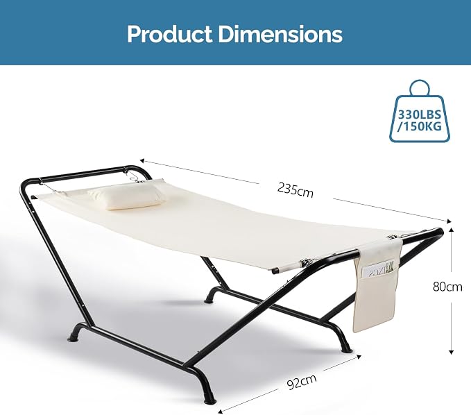 Freestanding Double Hammock with Stand, 550lbs Capacity, Outdoor Portable Hammock with Soft Pillow & Storage Bag (Beige)