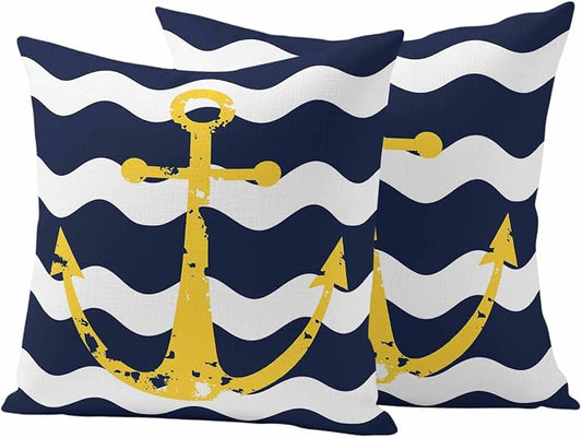 Navy Blue Outdoor Pillow Covers Set of 2 Wave Stripes Yellow Nautical Anchor Waterproof Throw Pillow Cover Decorative Cushion Cases for Patio Porch Garden 24X24 Inch