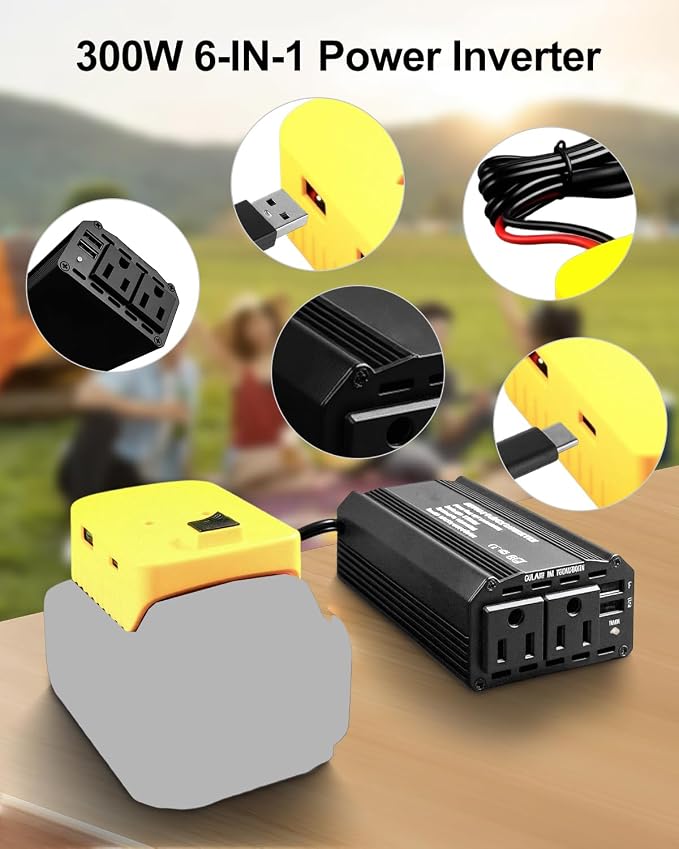 300W Portable Power Inverter Compatible with DeWalt 20V Batteries, DC 20V to AC 110V-120V, Power Converters with 3 USB 1 Type C 2 AC Outlets, Power Station for Vehicles Camping Trip