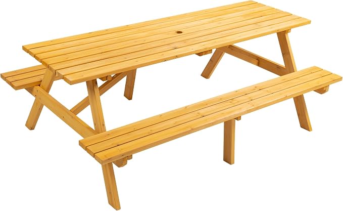 75'' Rectangular Outdoor Dining Table Wooden Patio Dining Table & 2 Built-in Bench for 8, 2" Umbrella Hole, Suitable for Backyard Garden Porch, Natural