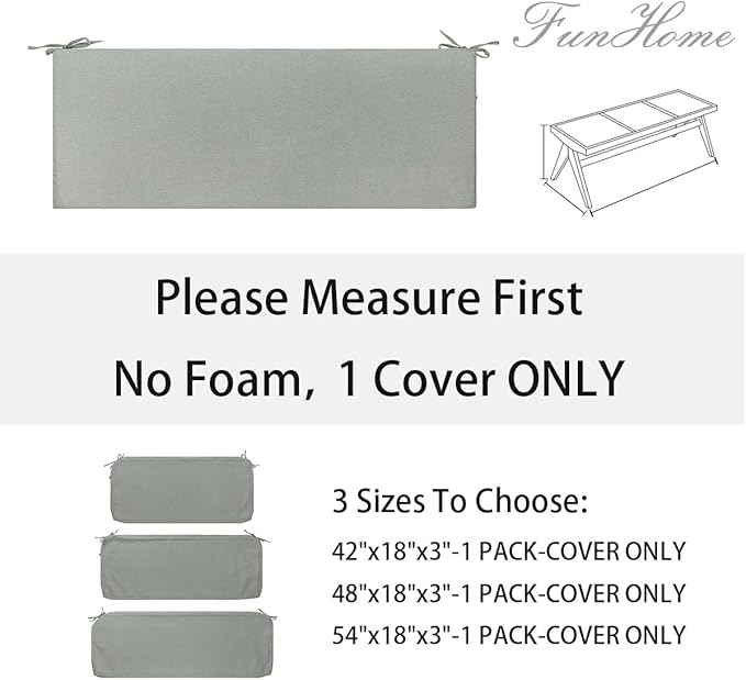 FUNHOME Outdoor Bench Cushion Cover 48 x18 x 3 inch,Water Resistant Cover with Zipper&Ties,Fade-Resistant Slipcover,Patio Porch Swing Cushion Cover Replacement Only,No Insert(Light Gray)