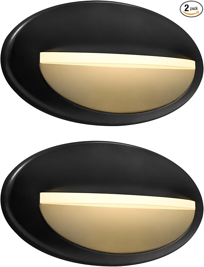 GKOLED 2-Pack Low Voltage LED Oval Stair Lights, Outdoor Riser Step Lights, Landscape Lighting, IP65 Waterproof, 2W 9-15V AC/DC, 3000K, Patio Deck, Die-cast Aluminum, Powder Coated Finish, Matte Black