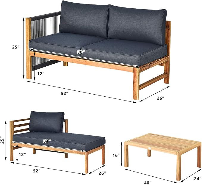 Tangkula L Shape Outdoor Furniture Set, 3 Piece Acacia Wood Patio Conversation Set, with 2 loveseats and Coffee Table, Garden Backyard Poolside Patio Seating Set