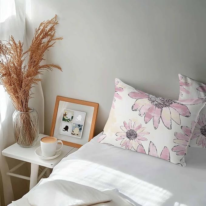Vandarllin Outdoor Throw Pillows Covers 20x12 inch Set of 2 Waterproof Pink Sunflower Decorative Zippered Cushion Covers for Patio Furniture, Flower Field Lumbar Pillowcases