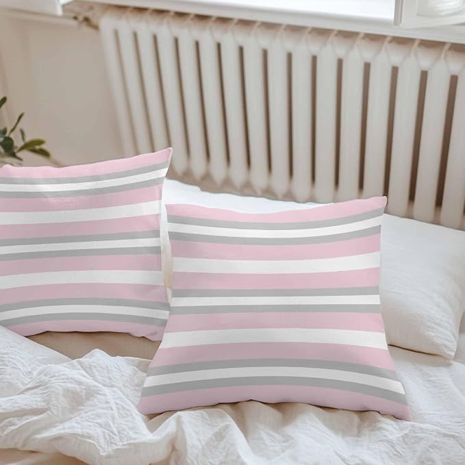 Throw Pillow Covers 20x20 Inch Set of 2, Pink Grey Stripe Waterproof Outdoor Pillow Covers, Minimalist Farmhouse Striped Decorative Cushion Pillowcases for Couch, Sofa, Bed, Garden, Patio