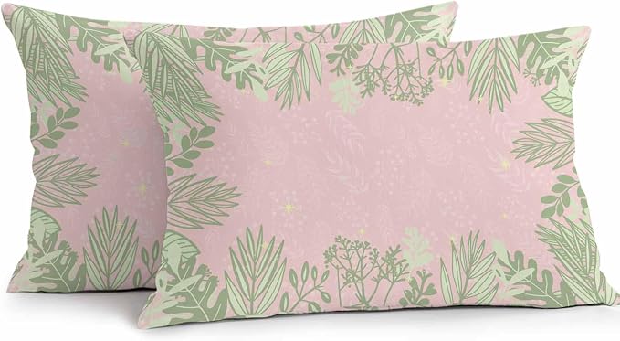 Vandarllin Outdoor Throw Pillows Covers 20x12 inch Set of 2 Waterproof Sage Green Leaves Decorative Zippered Cushion Covers for Patio Furniture, Spring Floral Plants Pink Lumbar Pillowcases