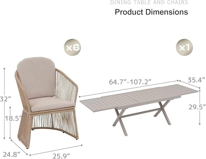 SUNSITT 7 Piece Outdoor Patio Dining Set, 65" - 107" Metal Expandable Outdoor Dining Table with X-Shape Legs, 6 Woven Wicker Outdoor Patio Chairs w/Curved Armrest for Garden, Beige