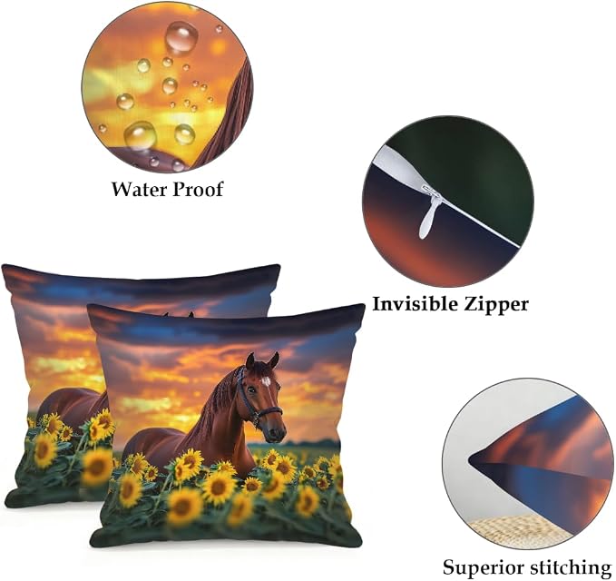 20x20 Inch Outdoor Pillow Covers Set of 2 Waterproof Throw Pillow Covers Decorative Couch Cushion Covers Brown Horse Sunflower Square Pillowcases Protectors for Patio Garden Sofa