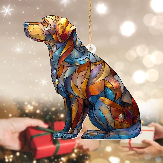 Acrylic Stained Glass Style Dog Ornament – Labrador Retriever Window Hanging Suncatcher, Pet Memorial Keepsake for Dog Lovers, Christmas Tree Decoration, Animal Decor Gift(Sun-07)