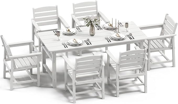 FOOWIN Outdoor HDPE Dining Table Set 7-Piece All Weather Patio Dining Set with Umbrella Hole,Outdoor Patio Furniture Dining Set for 6,Patio Kitchen Table Set for Garden,Backyard,Poolside, White