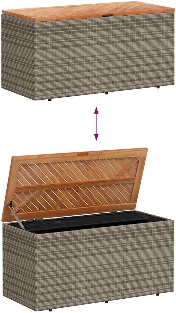 Garden Storage Box, Outdoor Storage Bench with Acacia Wood and PE Rattan, Grey Patio Deck Box for Cushions and Tools, 43.3-inch Seating for 2 People