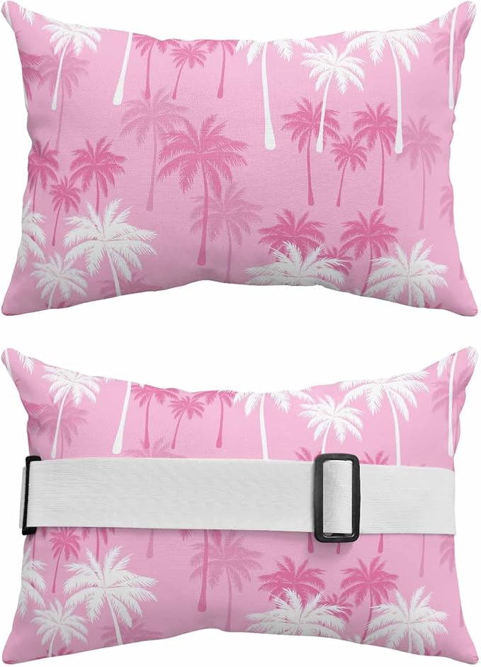 Tropical Palm Tree Outdoor Pillows for Chaise Lounge Chair Beach Headrest Pillow Set of 2 Waterproof Lumbar Pillows with Insert&Strap Magenta Pink Plants Coastal Leaf Beach Pool Pillow 12"x20"