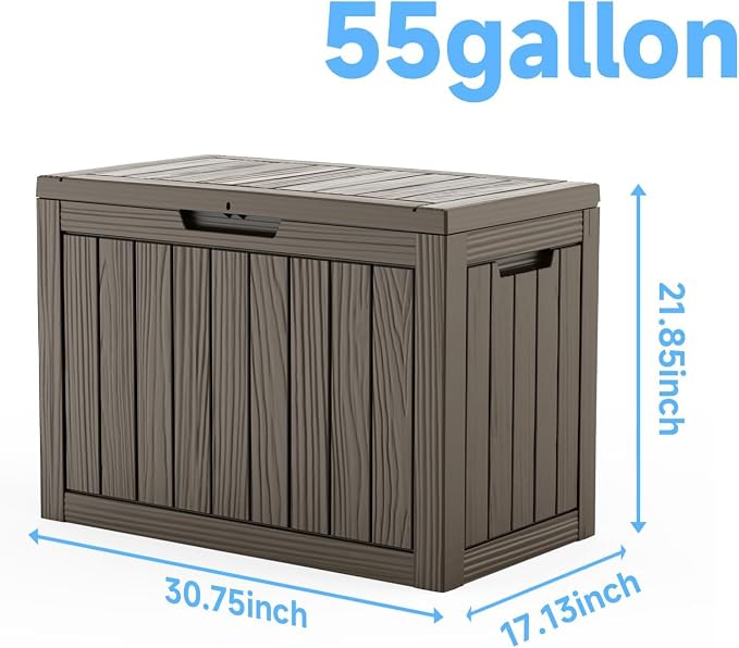 55-Gallon Outdoor Storage Box, Waterproof Deck Box for Patio Cushions, Garden Tools, Pool Accessories, Lockable Outside Storage Bin for Backyard & Deck (Grey)