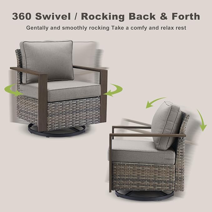 Outdoor Patio Swivel Rocker Chairs - 3 Piece Wicker Patio Furniture Bistro Set with 2 Swivel Rocking Chairs and 1 Metal Side Table,Thick Cushions,Deep Seating for Deck Porch Garden(Mixed Grey/Grey)