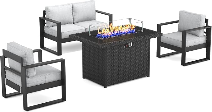 Outdoor Aluminum Furniture Set with Fire Pit Table - 4 Pieces Modern Patio Conversation Sets Metal Sectional Sofa Set