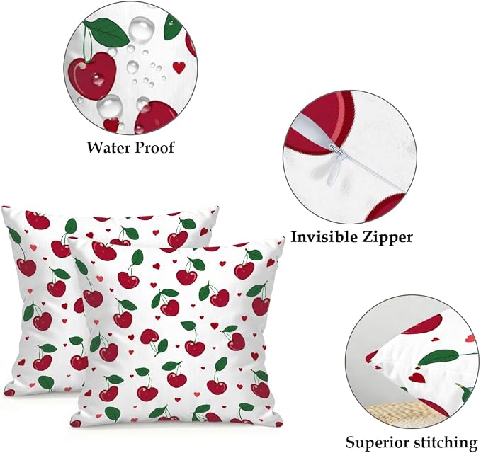 22x22 Inch Outdoor Pillow Covers Set of 2 Waterproof Throw Pillow Covers Decorative Couch Cushion Covers Cherry Leaf Fruit Square Pillowcases Protectors for Patio Garden Sofa
