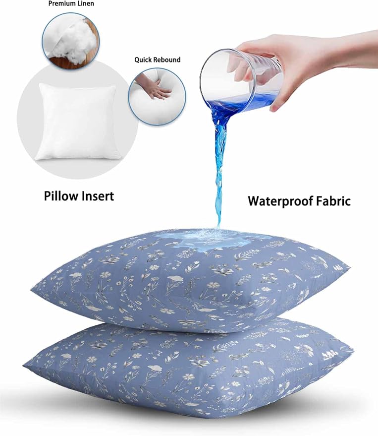 Outdoor Pillows with Inserts 18x18, Dusty Blue Wildflowers Waterproof Outdoor/Indoor Throw Pillows, Farmhouse Botanical Garden Floral Decorative Pillow for Bed Couch Sofa Patio Furniture
