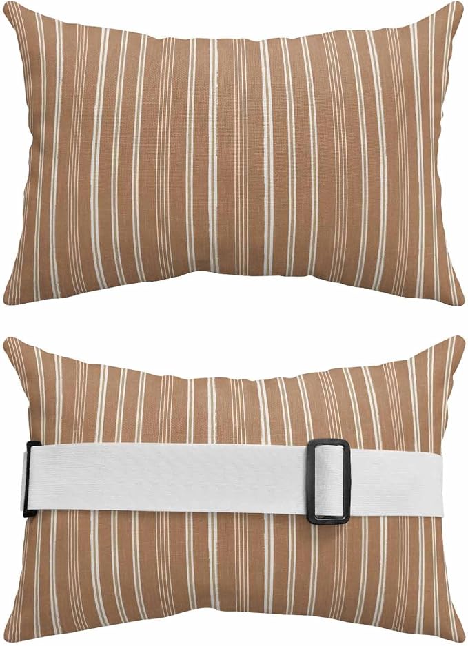 Pack of 2 Outdoor Lumbar Pillow Covers 12x20 Inch, Brown Striped Waterproof Throw Pillow Covers Set, Farmhouse Stripes Modern Vintage Indoor&Outdoor Decorative Cushion Cases for Patio Porch Car