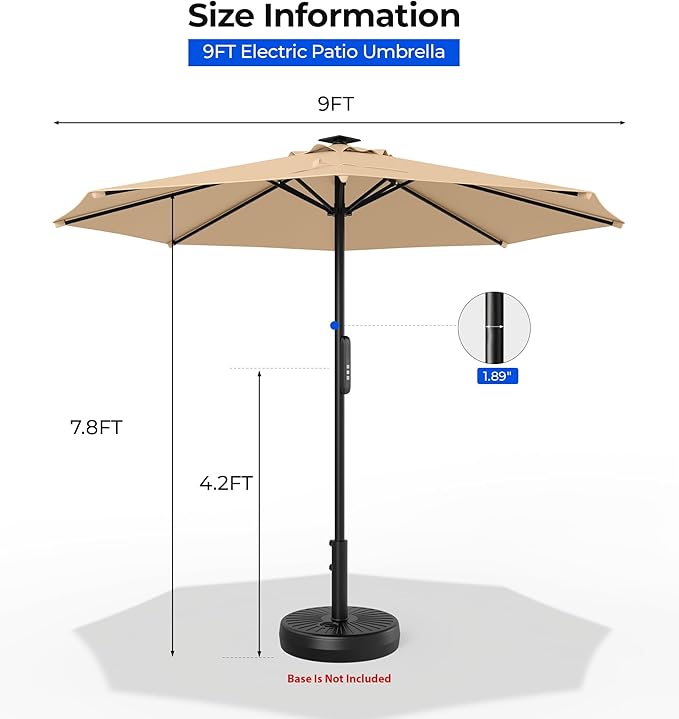 HOMSHADE 9FT Motorized Patio Umbrella with Remote Control & Solar Lights, Outdoor Table Umbrella with One-Button Switch for Deck, Backyard, Pool(Buff)