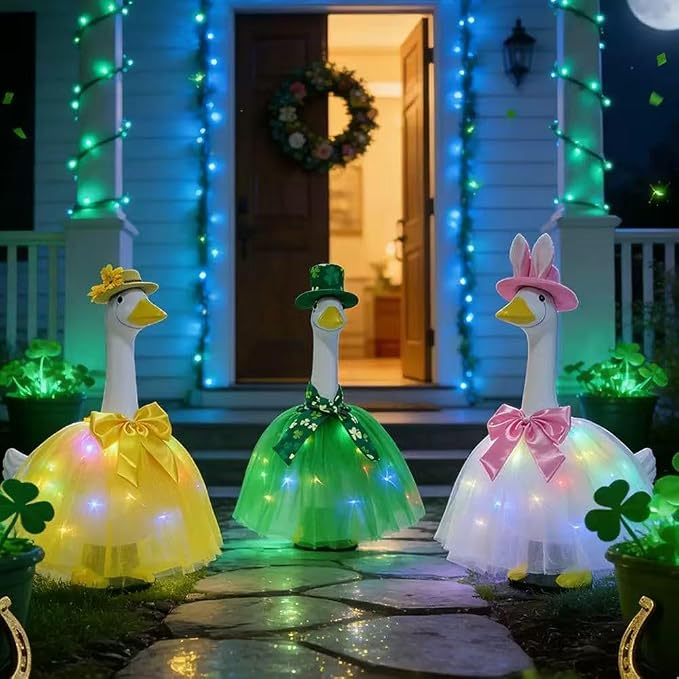 Summer Porch Goose Outfit Set with Floral Dress & Hat for 23" Goose Statue (Green)