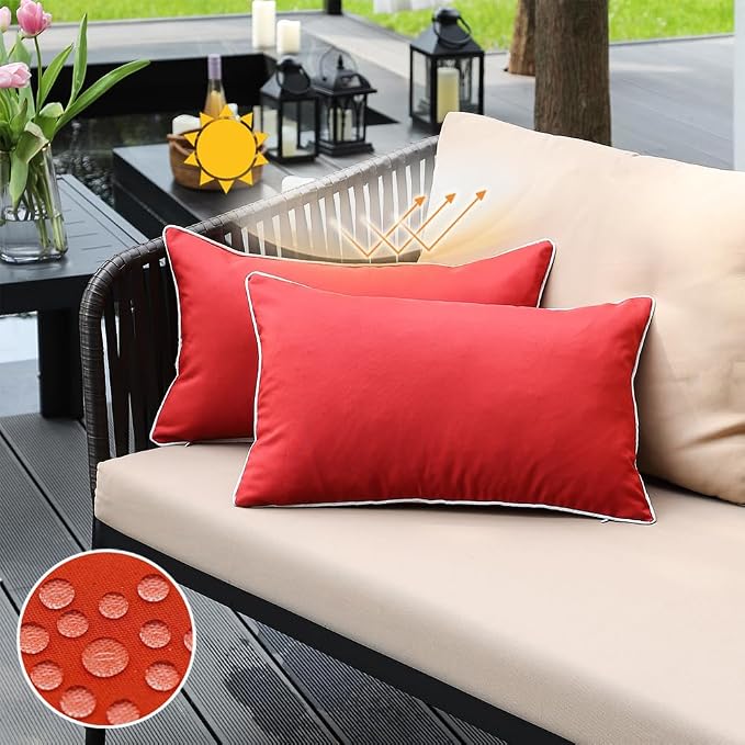 JOJOGOGO Red Outdoor Waterproof Sun Fade Resistant Lumbar Pillow Covers 12x20 Set of 2, Winter Christmas Red Lumbar Pillows 12 x 20 for Couch Porch Patio Furniture (with White Piping)