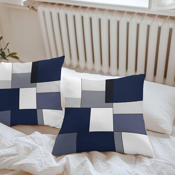 Modern Blue White Grey Plaid Outdoor Pillow Covers 16x16in Pack of 2 Waterproof Pillowcase Abstract Geometric Checkered Decorative Throw Cushion Case for Patio Couch Sofa