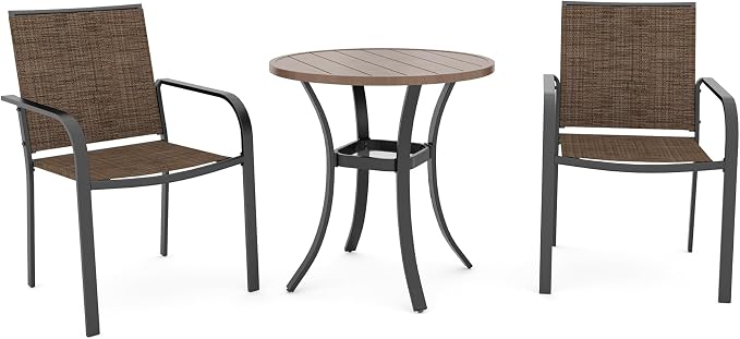 Anmutig Outdoor Bistro Set for 2, Stackable Chairs & Metal Table, Brown | Weather-Resistant Textilene, Black Powder-Coated Steel Frame, Storage Shelf, Easy Assembly, Balcony, Deck, Poolside Use