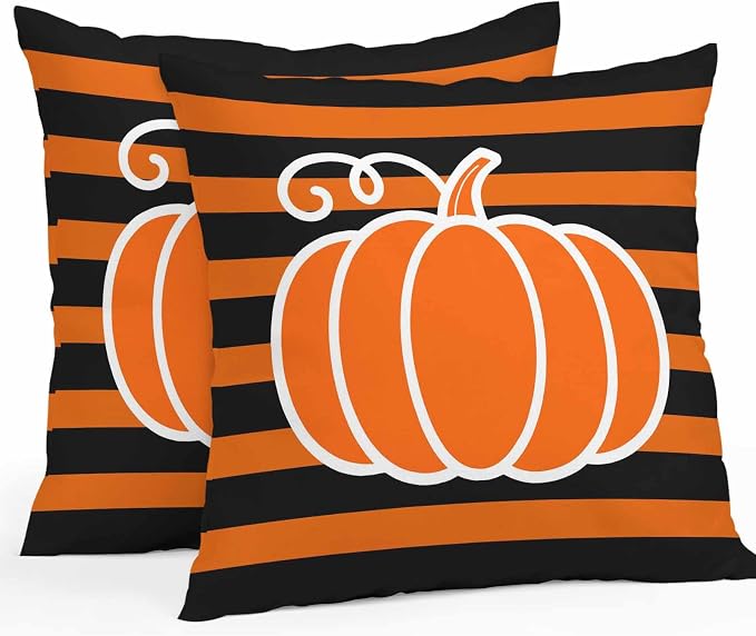 Orange Pumpkins Outdoor Waterproof Pillow Covers, Autumn Black Stripes Farmhouse Decorative Square Throw Pillowcase Sofa Cushion Sham for Patio/Couch/Chair, 16"x16" 2 Pack