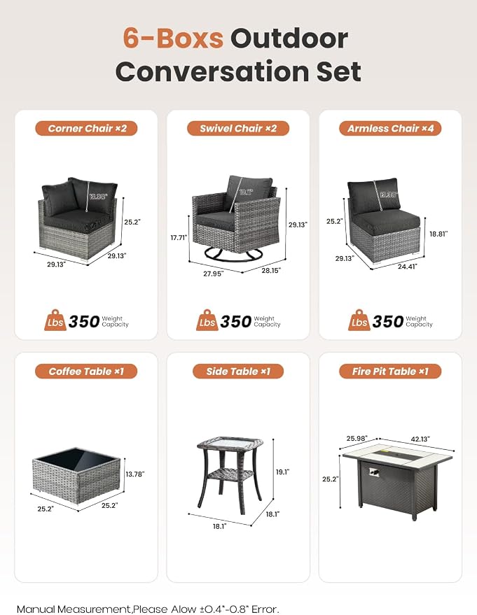 ovios 11 Piece Outdoor Patio Furniture Set with Fire Pit Table,Conversation Sectional Wicker Couch with Swivel Chairs,Modern Outside Sofa for Balcony Backyard, Black