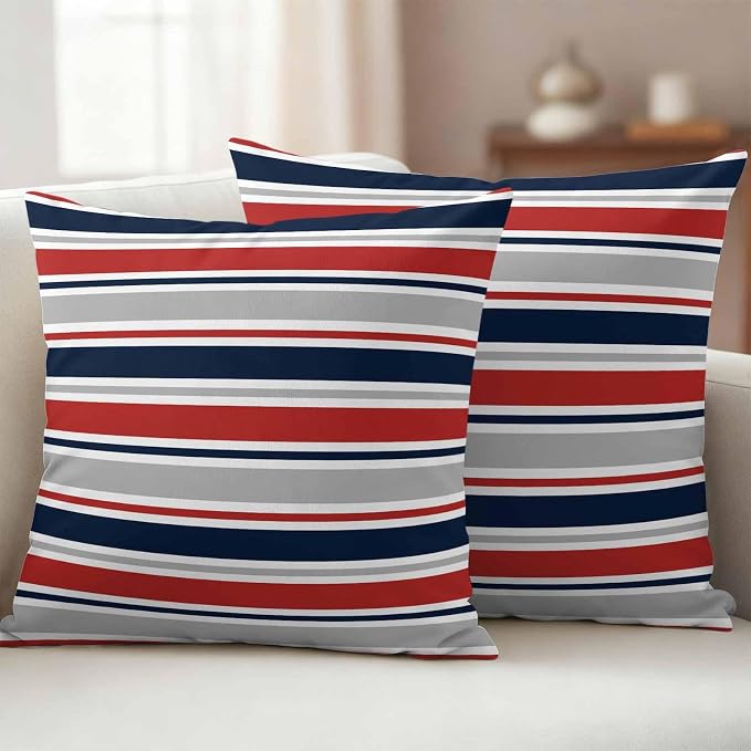 Outdoor Pillow Covers 24 x 24 Inches, Red Navy Blue Striped Waterproof Throw Pillow Cover Set of 2, Farmhouse Stripes Modern Abstract Art Decorative Square Cushion Covers for Patio/Couch/Garden