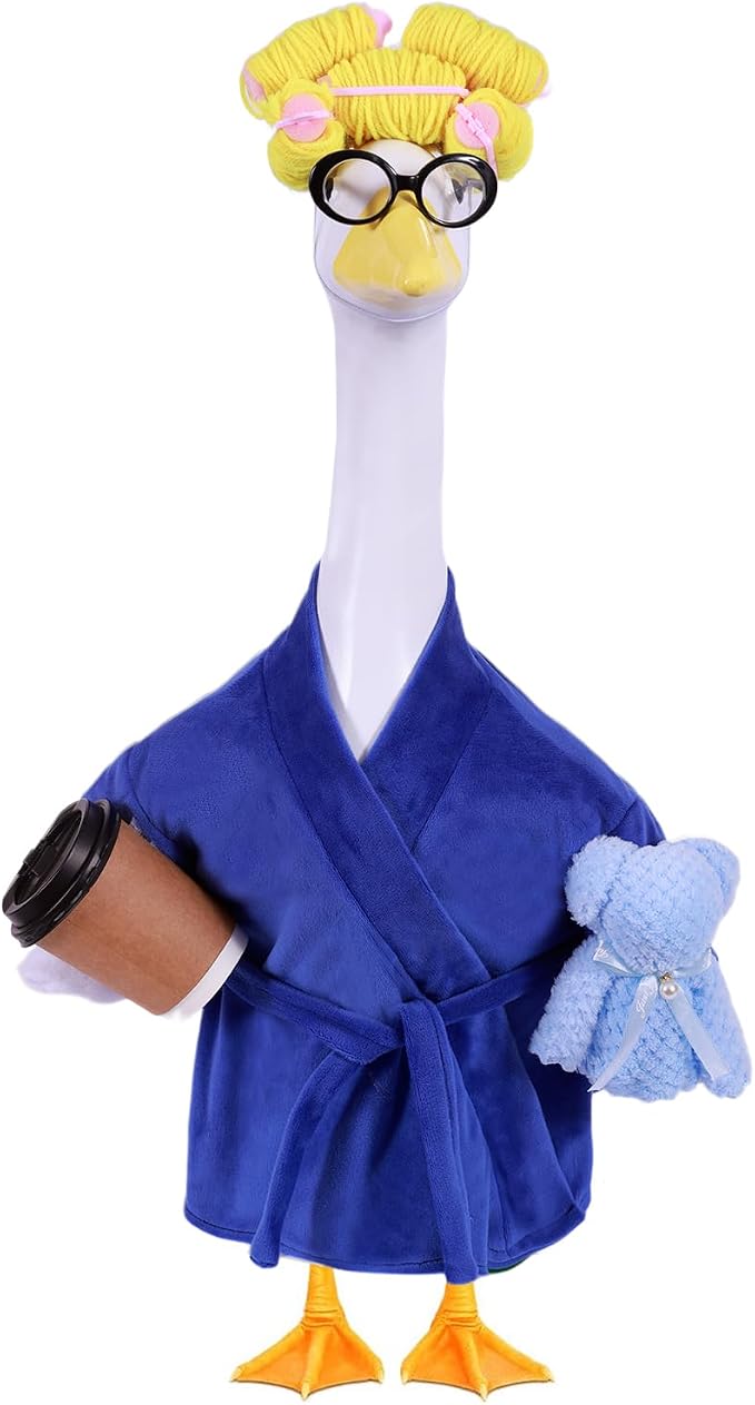 Lady Porch Goose Outfits,Bathrobe Porch Goose Statue Costume with Curlers Reading Glasses Coffee Cup Towel,Cute Goose Clothes for 23-Inch Cement or Plastic Statue,Lawn Yard Garden Patio Decor(Purple)