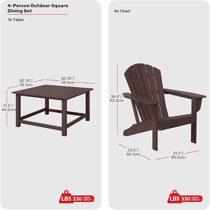 Costaelm Patio Conversation Set, Patio Chairs Set of 5 Balcony Firepit Furniture Outdoor Adirondack Square Table and Chair Backyard Furniture Set for Lawn Porch Pool Garden, Dark Brown