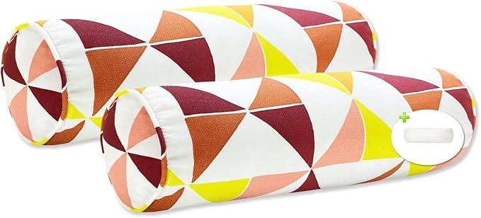 Pack of 2 Outdoor Waterproof Decorative Bolster Pillows with Inserts for Patio Furniture, 20x6 Inch Fade Resistant Patio Garden Bolster Cushions for Couch Bed Sofa, Triangular Multi