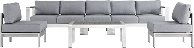 Modway Shore 6-Piece Aluminum Outdoor Patio Sectional Sofa Set in Silver Gray