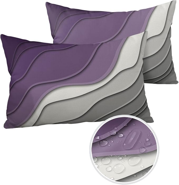 Funy Decor Waterproof Outdoor Throw Pillow Cover Purple Grey Modern Geometric Lumbar Pillowcases Set of 2 Abstract Beach Decorative Patio Furniture Pillows for Couch Garden 20x12 inch x 2pcs