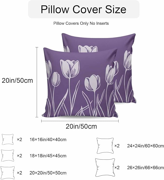 Purple Flower Waterproof Outdoor Pillow Covers Set of 2 Home Decor, Country Garden Floral Aesthetics Plant Pillowcase Patio Pillow Covers for Couch Bench Furniture Garden 24x24in