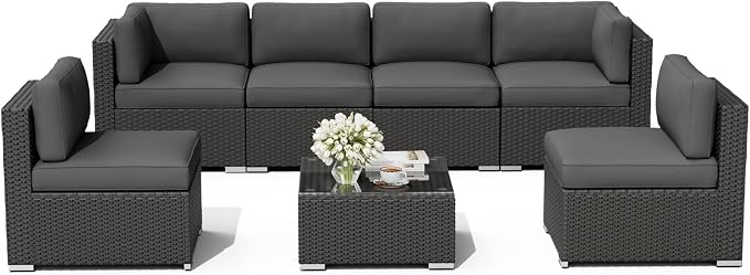 Oakcloud 7-Piece Outdoor Patio Furniture Black Rattan Wicker Sectional Sofa Conversation Set with Glass Top Table and Cushions (Grey)