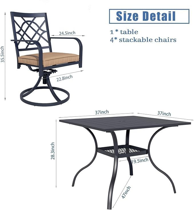 Crownland 5 Piece Patio Dining Set, 4 Swivel Metal Chairs and Square Outdoor Dining Table with Khaki 9FT Round Outdoor Umbrella (Metal Tabletop)